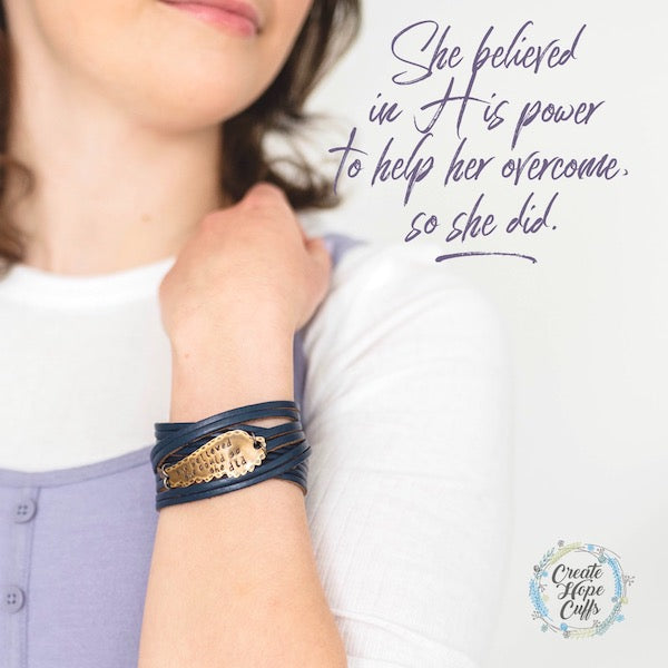 She Believed She Could Leather Wrap & Wing Bracelet, adjustable, Choose Your Color Leather Wrap Create Hope Cuffs Navy 