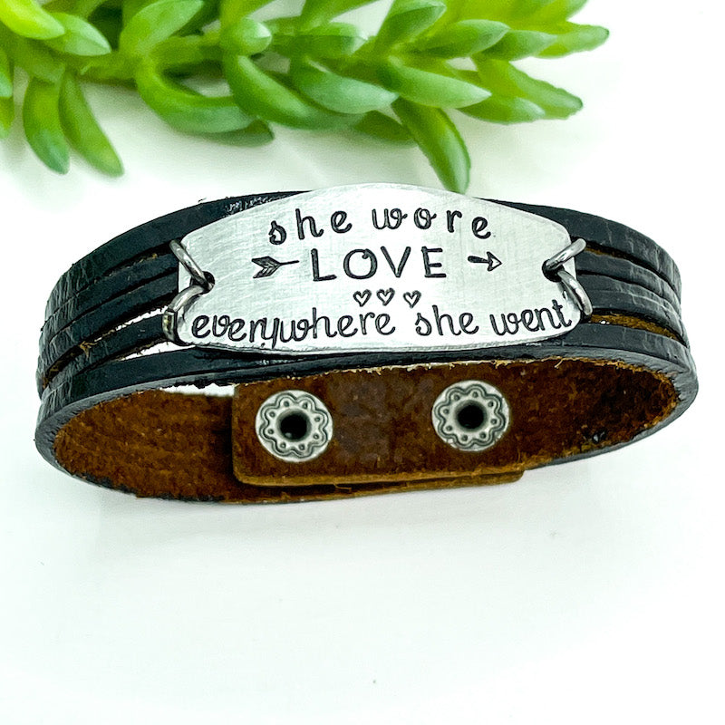 SHE WORE LOVE Mini Wrap | Black Leather SHIELD Bracelet | Women | Adjustable Leather Wrap Create Hope Cuffs 