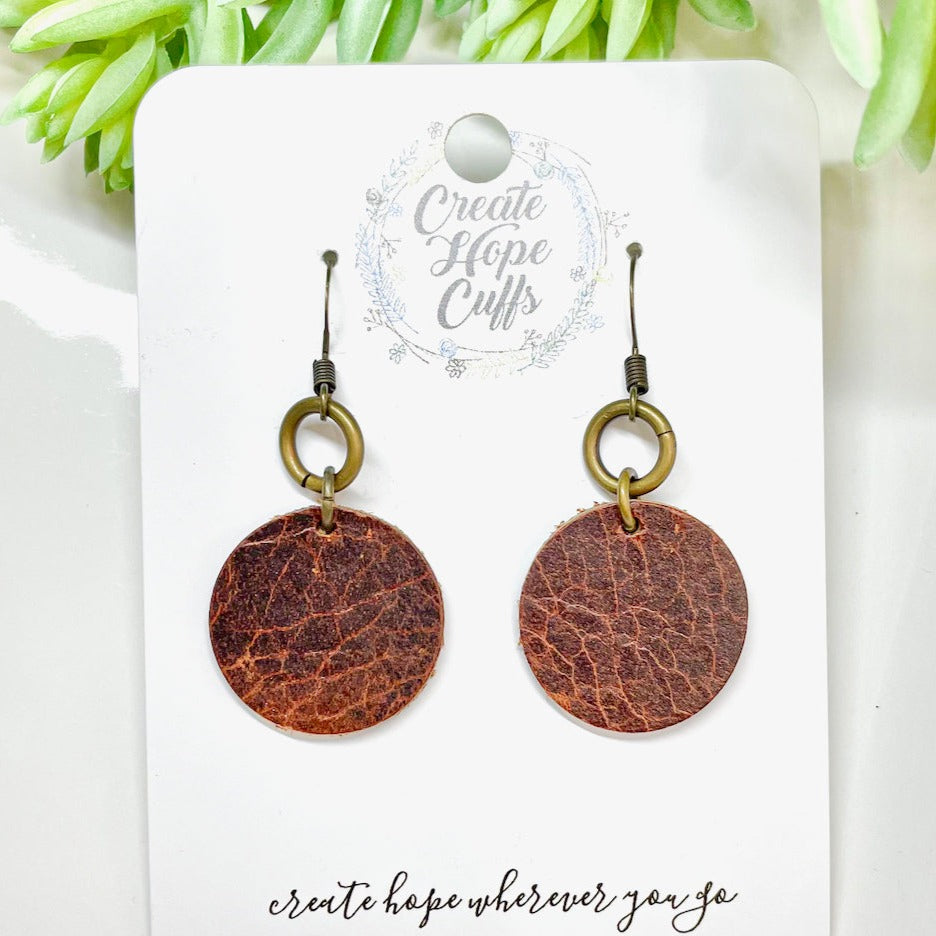Small Rounded Derby Natural Brown Leather Earrings | Hypoallergenic | Women Leather Earrings Create Hope Cuffs 