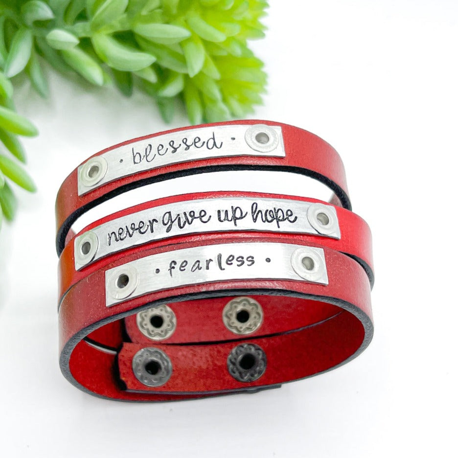 Solid True Red | 7 Phrases | Leather Skinny Bracelet | Adjustable Skinny Bracelets Create Hope Cuffs 