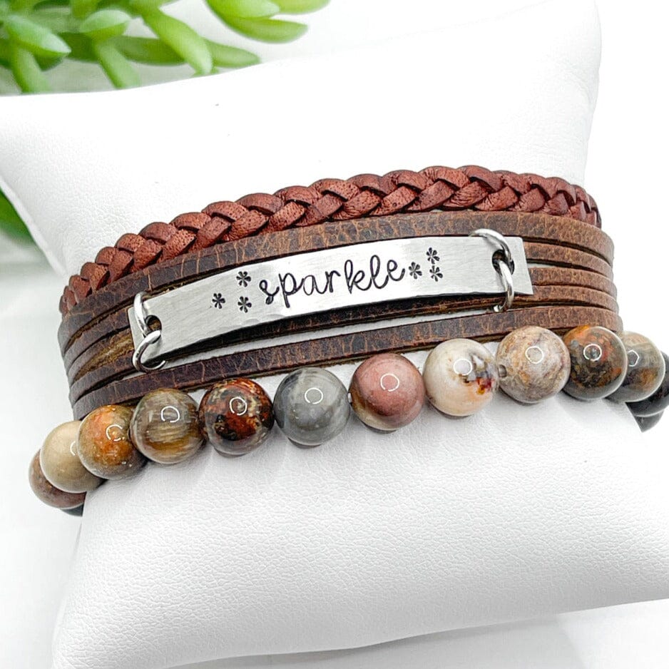 SPARKLE Brown Leather Set | Mini Wrap | Leather Bracelets | Womens Skinny Bracelets Create Hope Cuffs 