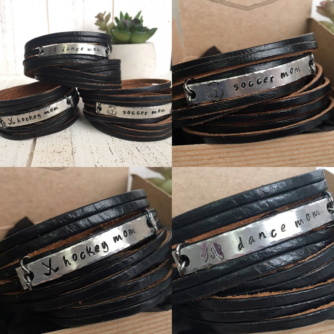 SPORTS MOM or GRANDMA Leather Wrap Bracelet, adjustable Leather Wrap Create Hope Cuffs 