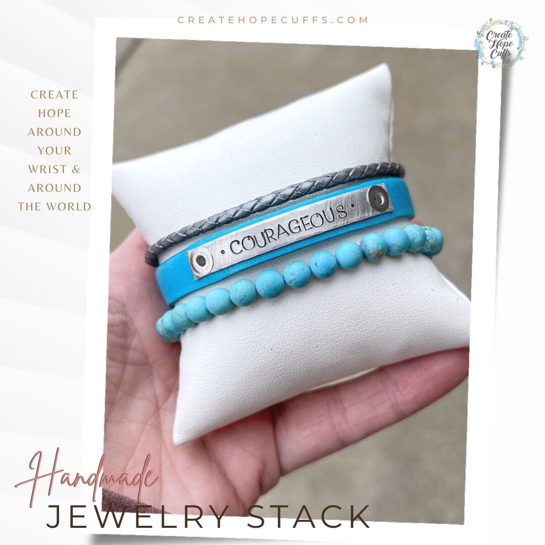 Teal Blue COURAGEOUS Stack | Skinny Set | Leather Bracelets | Womens Skinny Bracelets Create Hope Cuffs 