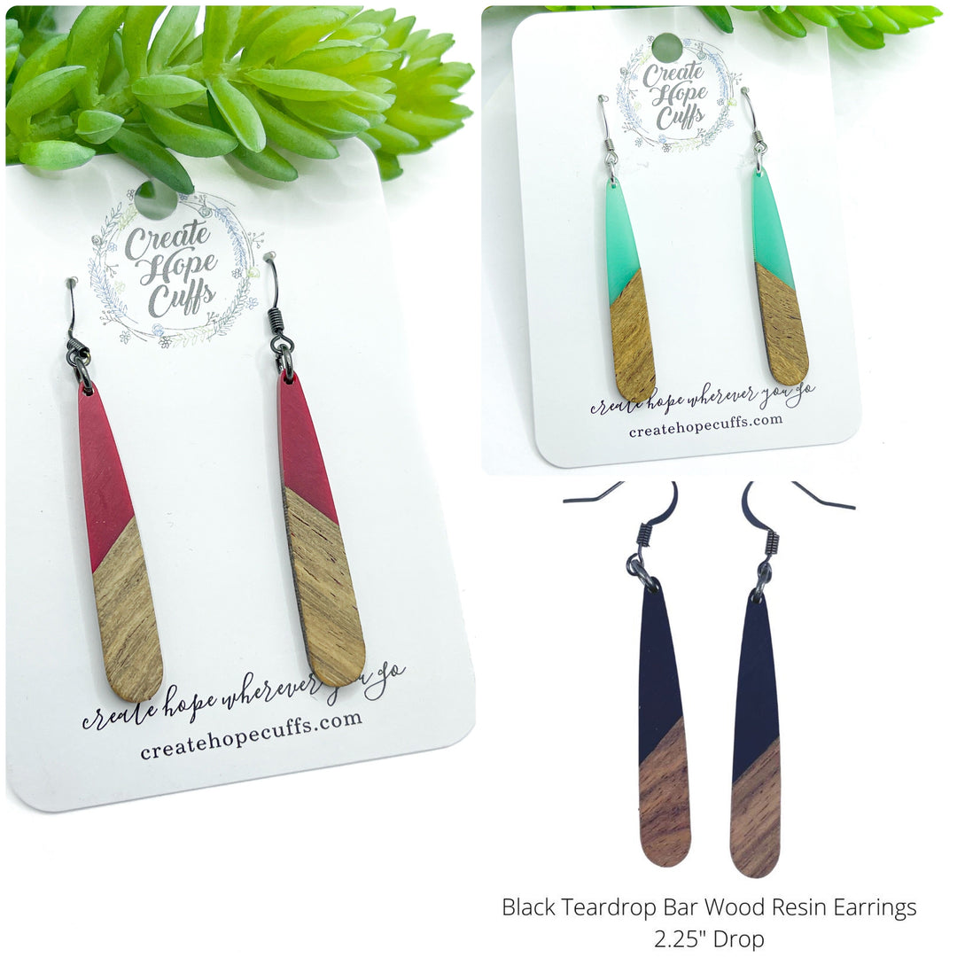 Teardrop Bar Resin & Wood Earrings, hypoallergenic, 3 colors Wood Earrings Create Hope Cuffs 