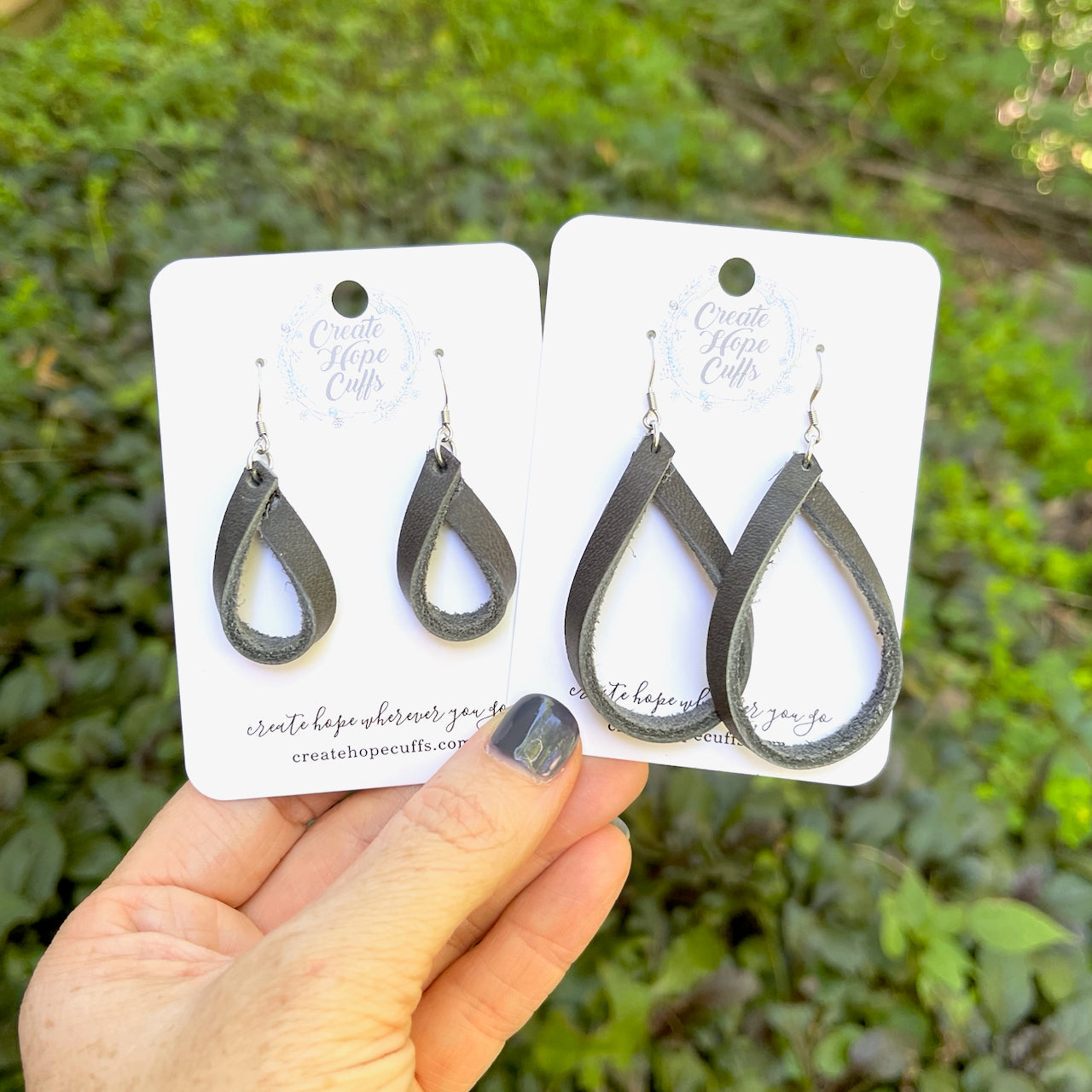 Teardrop Hoop Charcoal Grey Leather Earrings | 2 Sizes | Essential Oil Diffusers Leather Earrings Create Hope Cuffs 