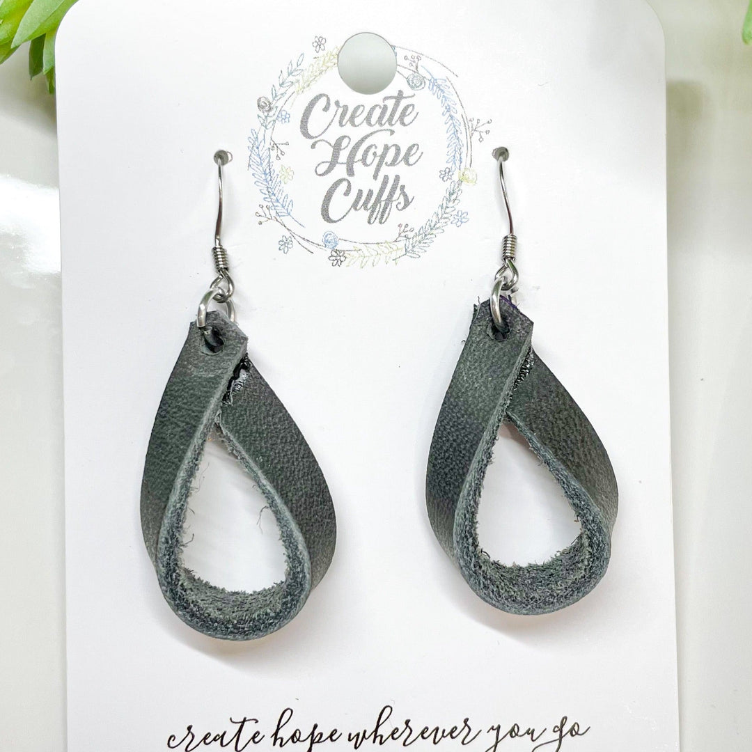 Teardrop Hoop Charcoal Grey Leather Earrings | 2 Sizes | Essential Oil Diffusers Leather Earrings Create Hope Cuffs 