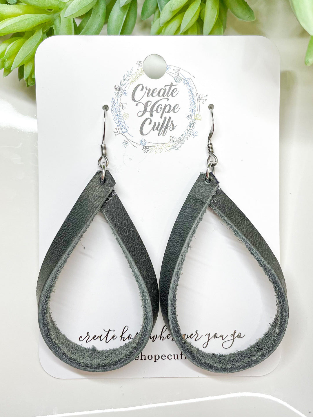 Teardrop Hoop Derby Leather Earrings | 2 Sizes | Essential Oil Diffusers Leather Earrings Create Hope Cuffs 