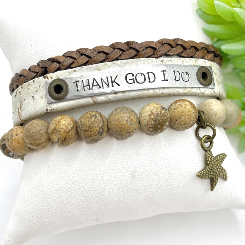 THANK GOD I DO White Sand Cork Jasper | Skinny Set | Leather Bracelets | Womens Skinny Bracelets Create Hope Cuffs 