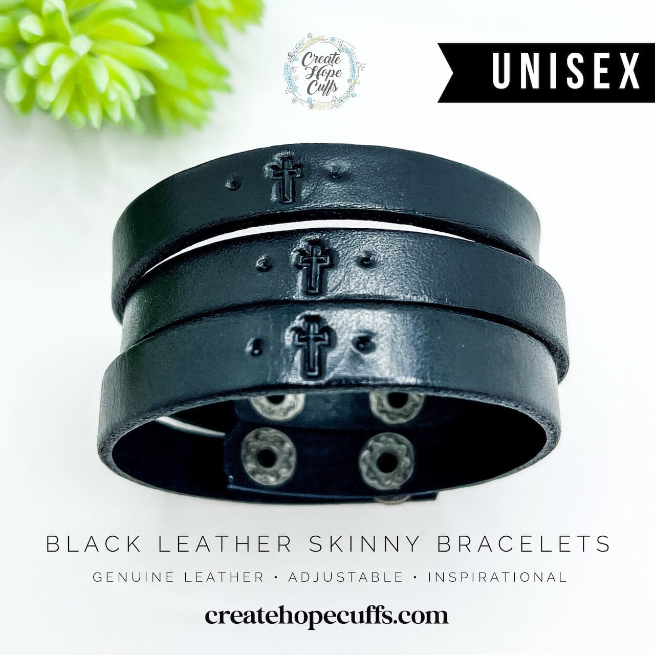 UniSex Black Imprint | 5 Phrases | Leather Skinny Bracelet | Adjustable Skinny Bracelets Create Hope Cuffs 