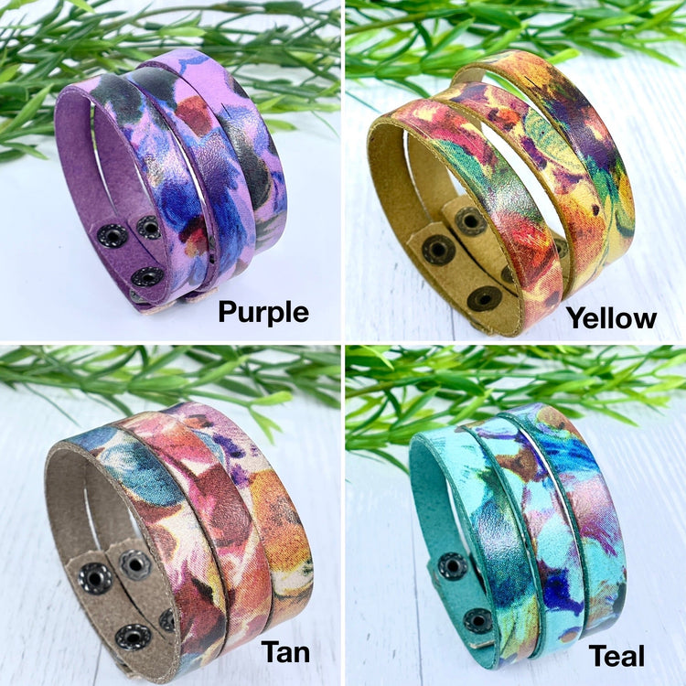 Watercolor Floral Skinny Leather Bracelet | 5 Colors | Women and Teens | adjustable Skinny Bracelets Create Hope Cuffs 