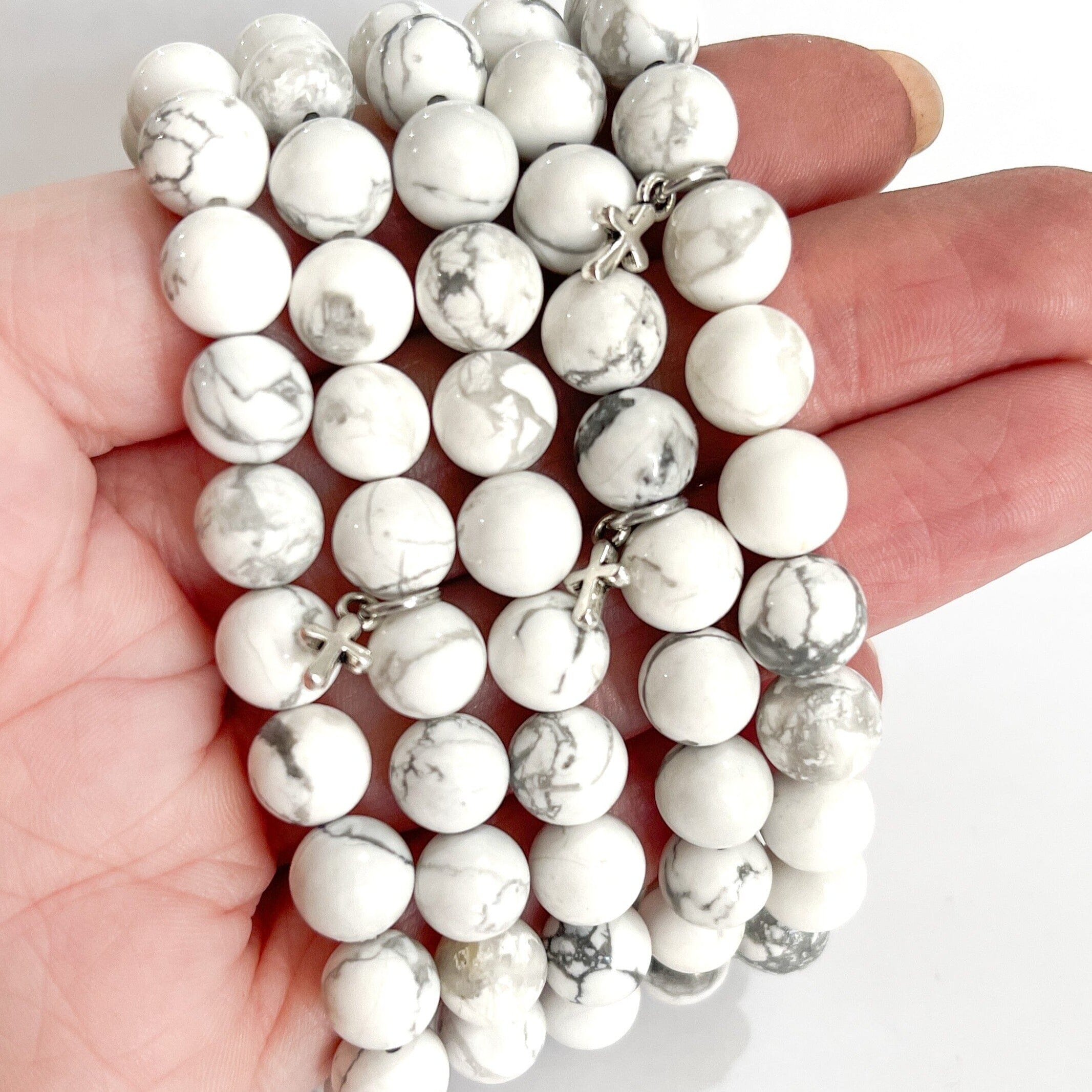 White Howlite Bead Bracelet | Tiny Cross Charm | 8mm | Gemstone | Womens Bracelets Create Hope Cuffs 