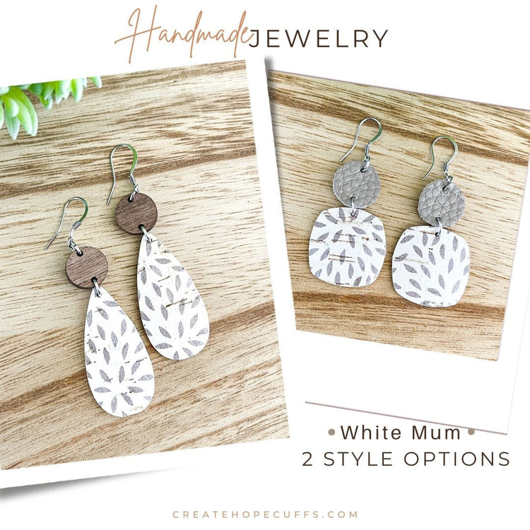 White & Taupe Mums Leather Earrings | 2 Styles | Hypoallergenic | Women Leather Earrings Create Hope Cuffs 