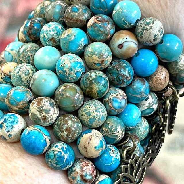 (Wholesale) Aqua Terra Lotus Jasper | Gemstone Bead Bracelets | 8mm Stone | Women Bracelets Create Hope Cuffs 