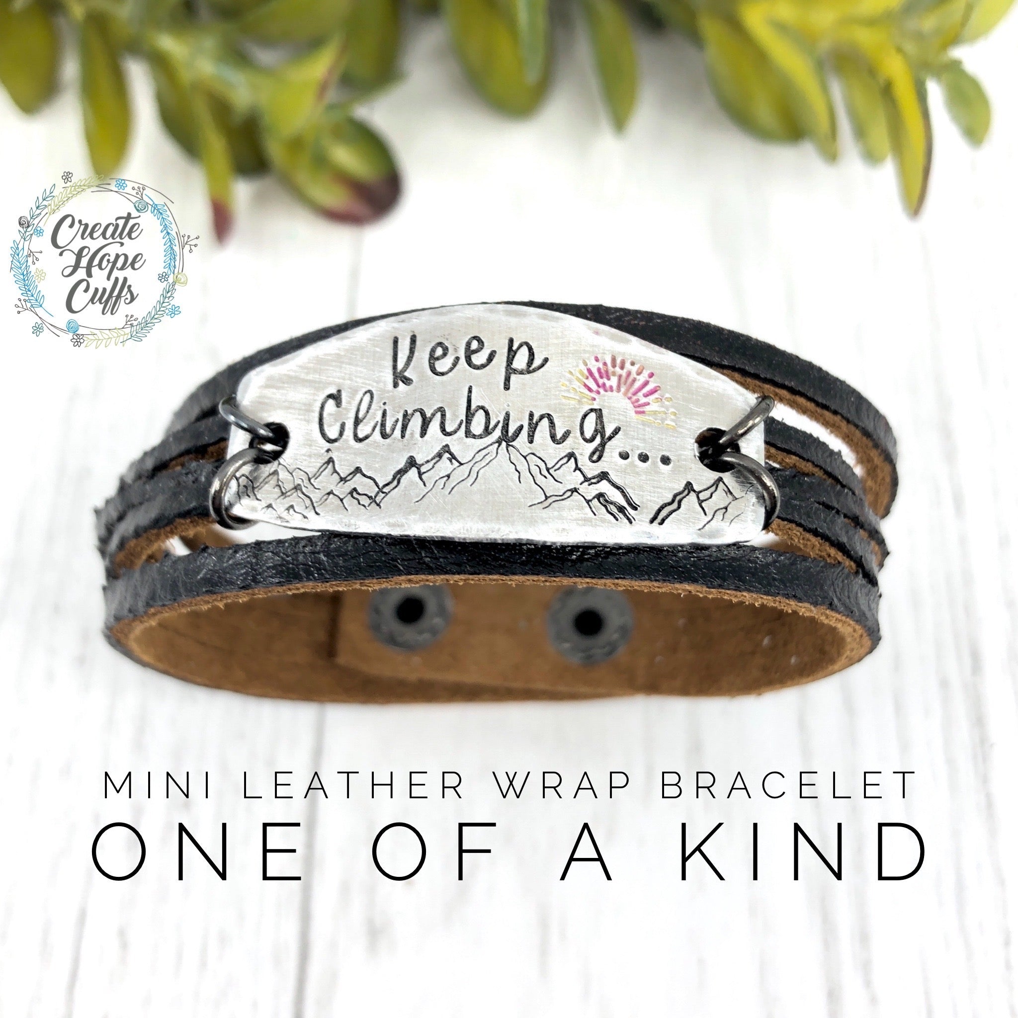 (Wholesale) Black KEEP CLIMBING Mini Leather Wrap Bracelet | Women Teens | Adjustable Leather Wrap Create Hope Cuffs 