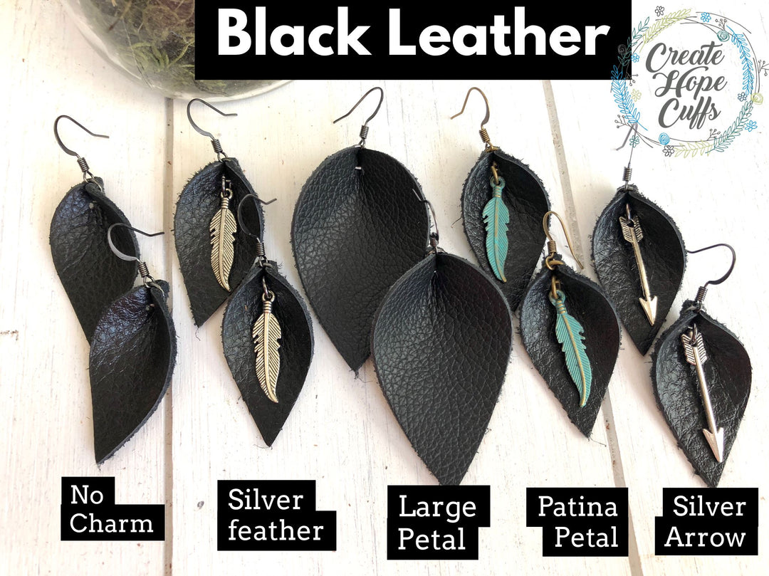 (Wholesale) Black Leather Boho Petal Earrings | 2 Sizes | Choose your Charm | Oil Diffuser Leather Earrings Create Hope Cuffs 