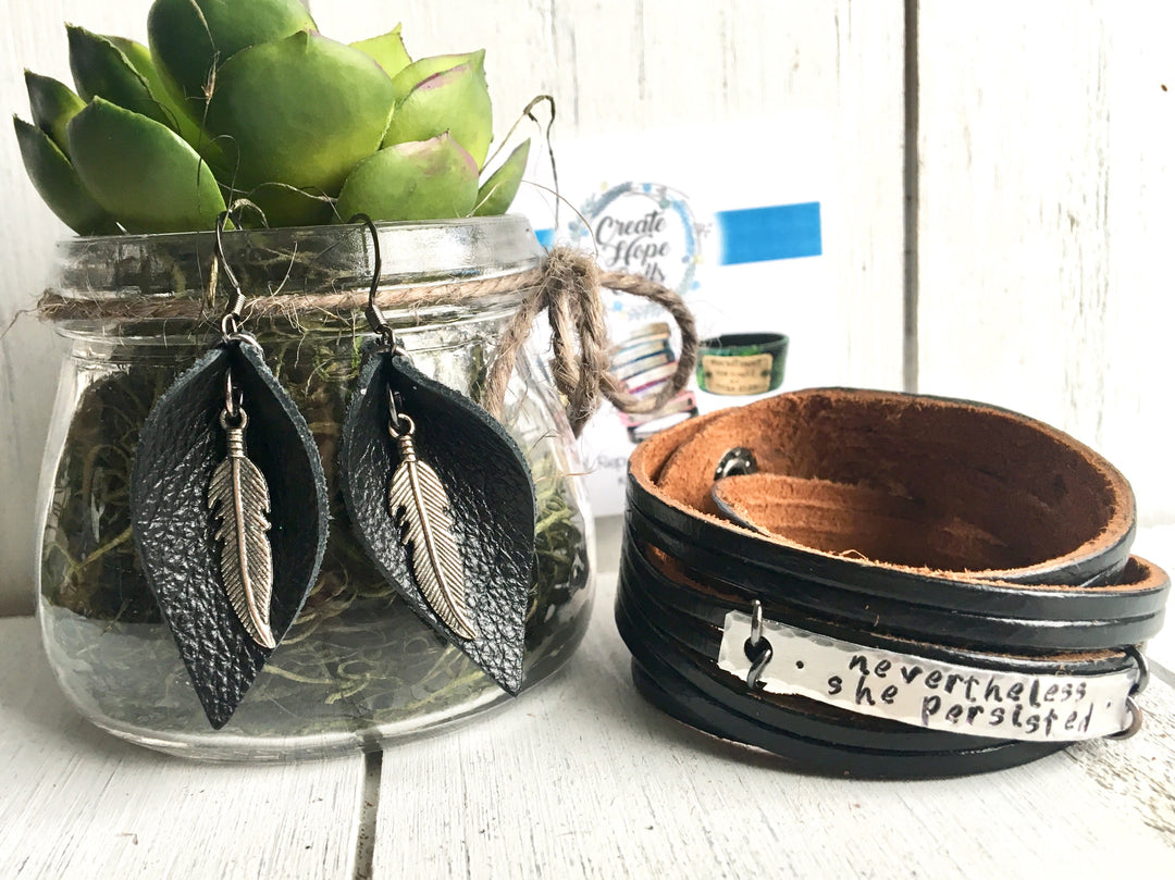 (Wholesale) Black Leather Boho Petal Earrings | 2 Sizes | Choose your Charm | Oil Diffuser Leather Earrings Create Hope Cuffs 