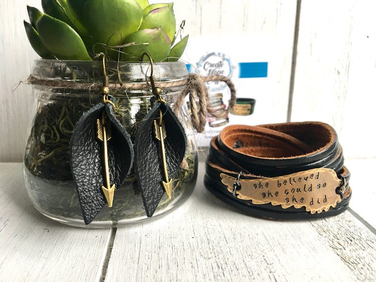(Wholesale) Black Leather Boho Petal Earrings | 2 Sizes | Choose your Charm | Oil Diffuser Leather Earrings Create Hope Cuffs 