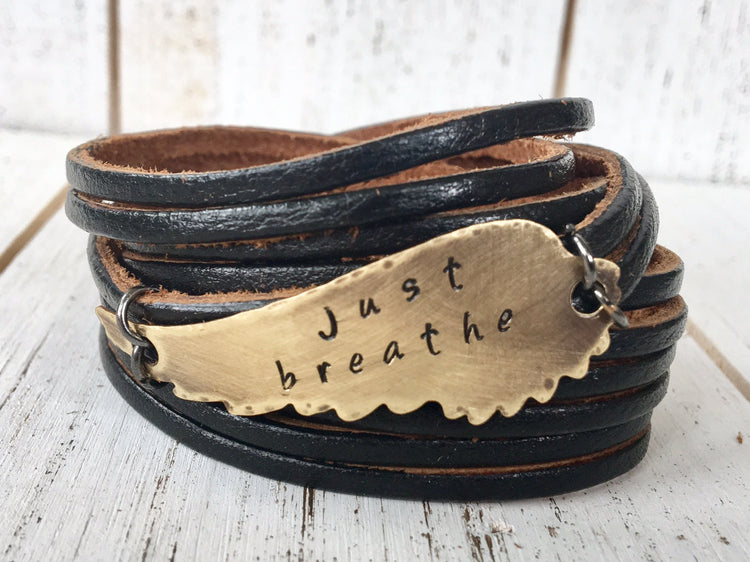 (Wholesale) Black Leather Double Wrap & Wing | 8 Phrases | Bracelet | Women | Adjustable Leather Wrap Create Hope Cuffs just breathe 