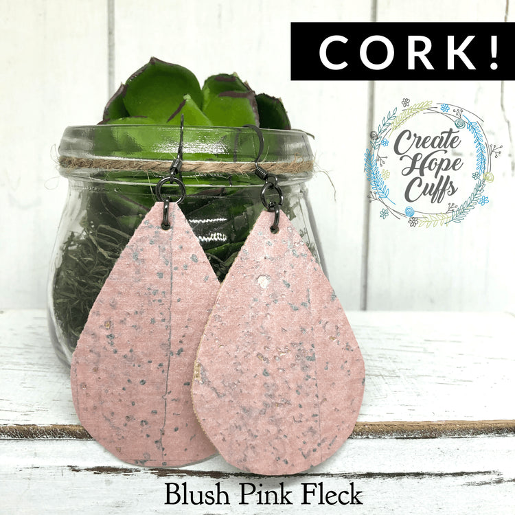 (Wholesale) Blush Pink Fleck CORK Earrings | 2.75" drop | 2 styles | Vegan Eco-Friendly Cork Earrings Create Hope Cuffs Blush Pink Teardrop 