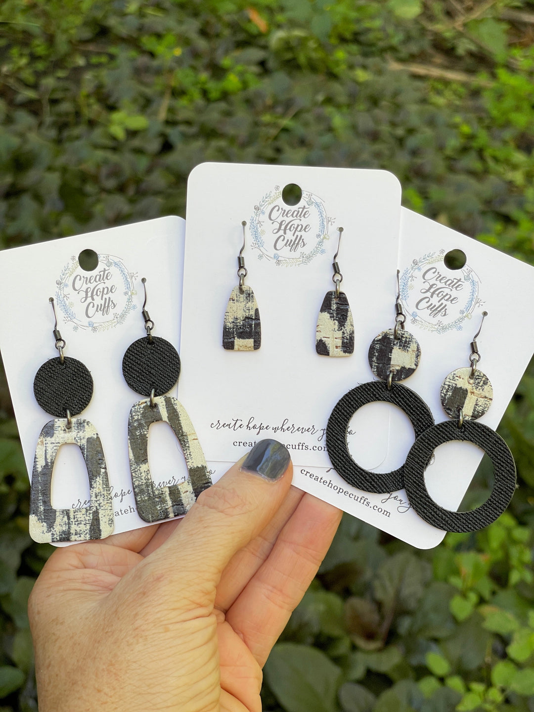 (Wholesale) Brushstroke Black & White Leather Earrings | 3 Styles | Stacked | Hypoallergenic | Women Leather Earrings Create Hope Cuffs 