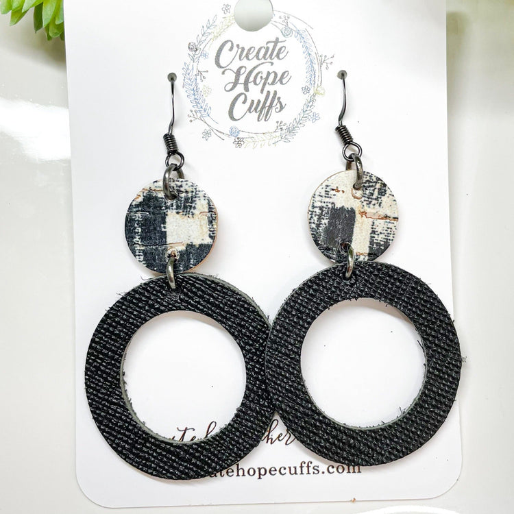 (Wholesale) Brushstroke Black & White Leather Earrings | 3 Styles | Stacked | Hypoallergenic | Women Leather Earrings Create Hope Cuffs Stacked Double Circles 