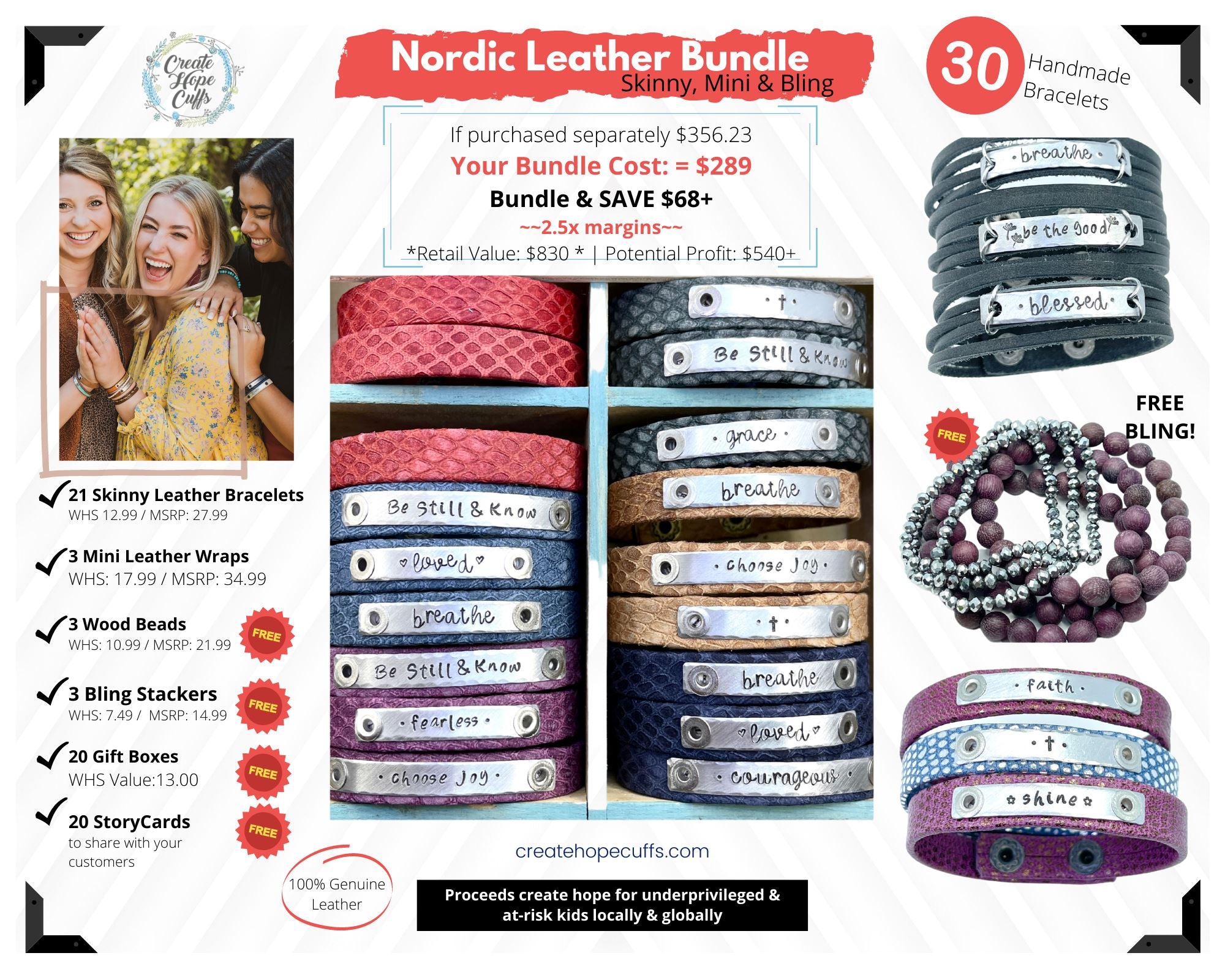 (Wholesale) BUNDLE: Nordic Leather | 30 Bracelets | Save $68 Leather Wrap Create Hope Cuffs 