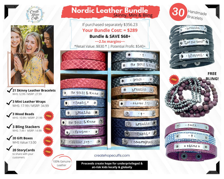 (Wholesale) BUNDLE: Nordic Leather | 30 Bracelets | Save $68 Leather Wrap Create Hope Cuffs 