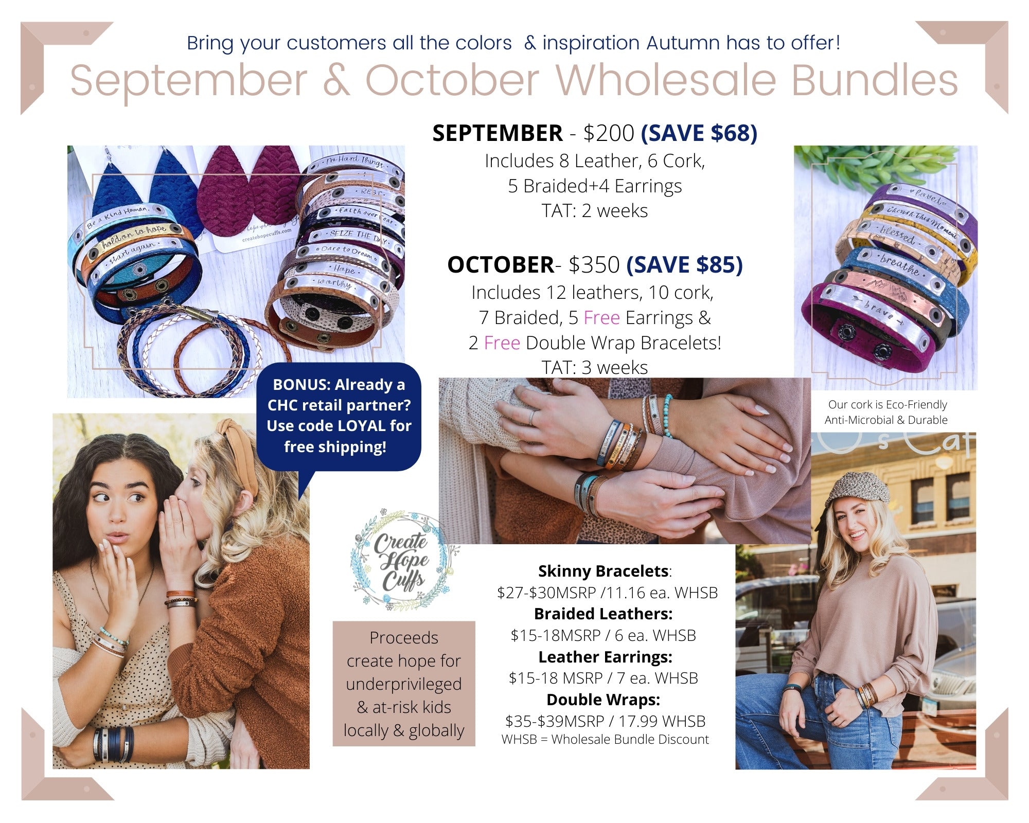 (Wholesale) Bundles: October - TAP THIS TITLE TO CHOOSE YOUR BUNDLE! Leather Wrap Create Hope Cuffs 