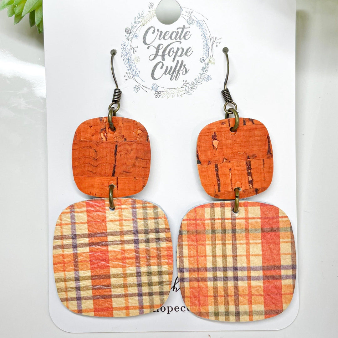 (Wholesale) Candy Corn Plaid Leather Earrings | 3 Styles | Stacked | Hypoallergenic | Women Leather Earrings Create Hope Cuffs Stacked Orange Squares 
