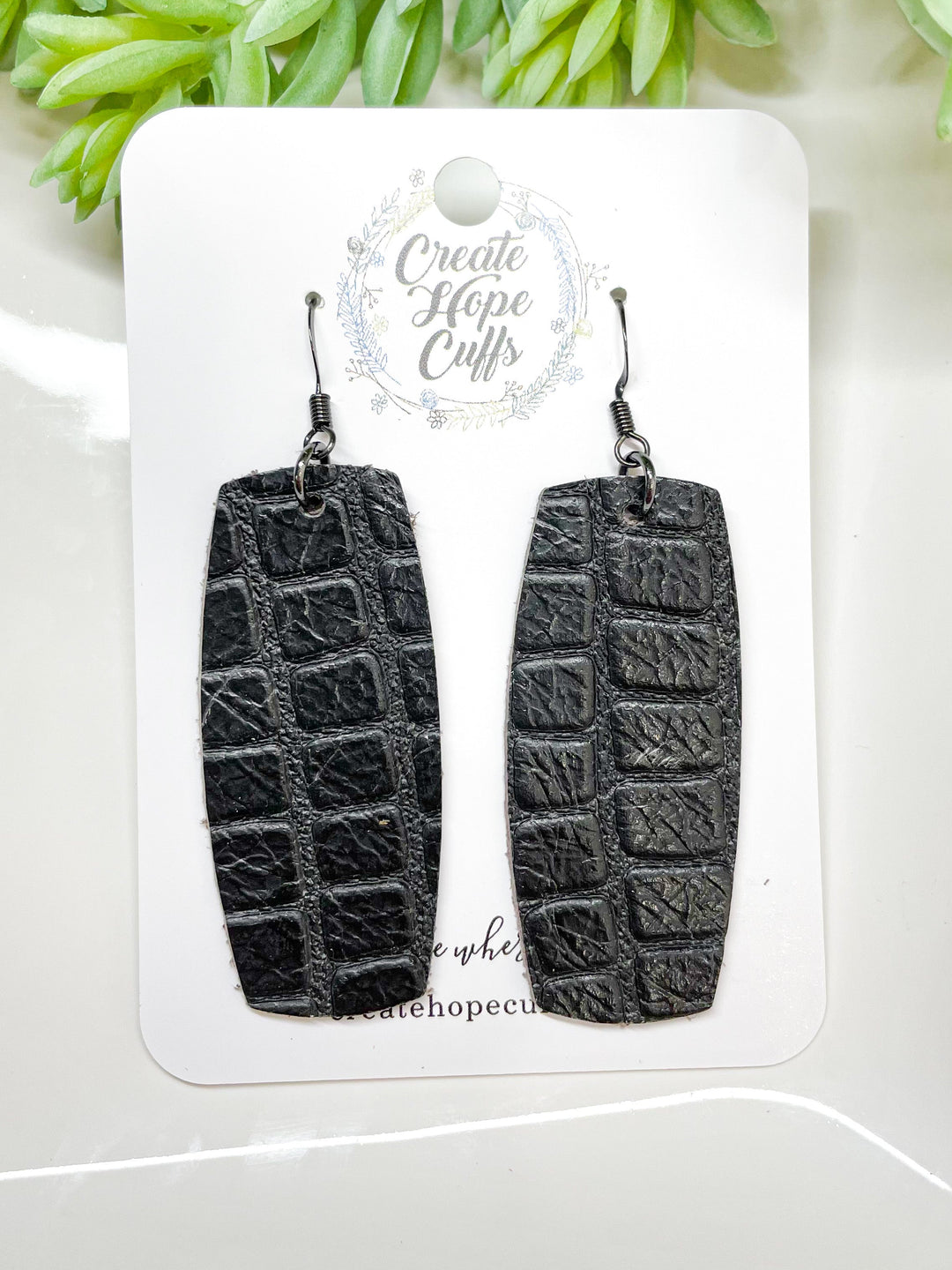 (Wholesale) Classic Black Crocodile Leather Bar Earrings | Stacked | Hypoallergenic | Women Leather Earrings Create Hope Cuffs Long Bar 