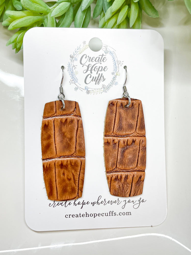 (Wholesale) Classic Brown Crocodile Leather Bar Earrings | Stacked | Hypoallergenic | Women Leather Earrings Create Hope Cuffs 