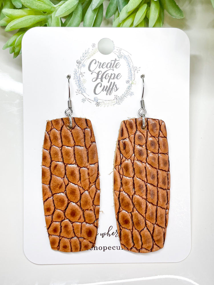 (Wholesale) Classic Brown Crocodile Leather Bar Earrings | Stacked | Hypoallergenic | Women Leather Earrings Create Hope Cuffs 