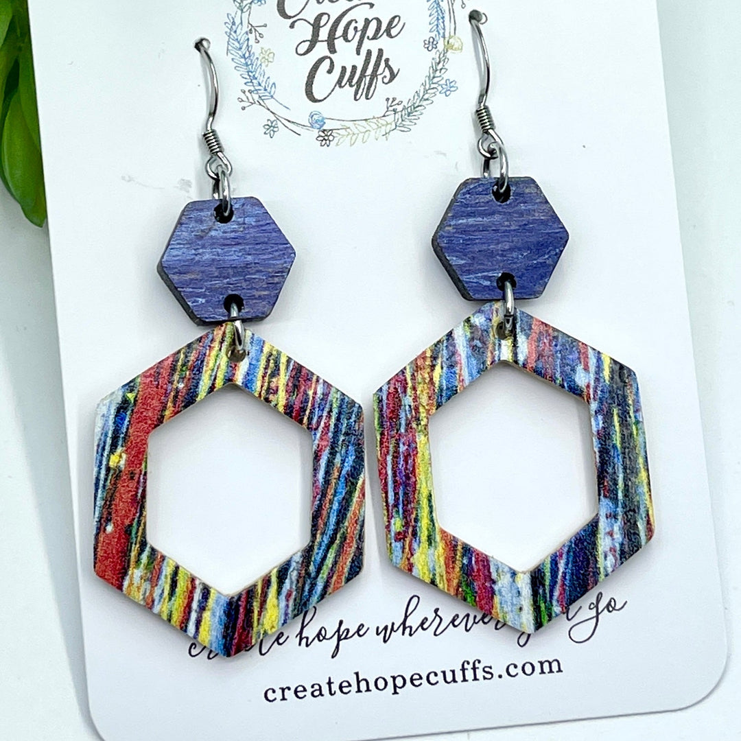 (Wholesale) Color Splash Stacked Hexagon | Wood Leather Earrings | Hypoallergenic | Women Wood Earrings Create Hope Cuffs 