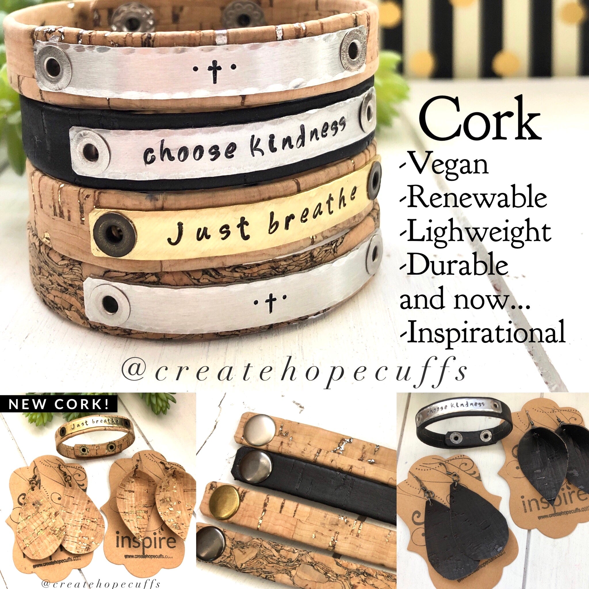 (Wholesale) CORK Collection Skinny Bracelet, Vegan, ECO friendly Cork Fabric, 4 designs, adjustable Skinny Bracelets Create Hope Cuffs 