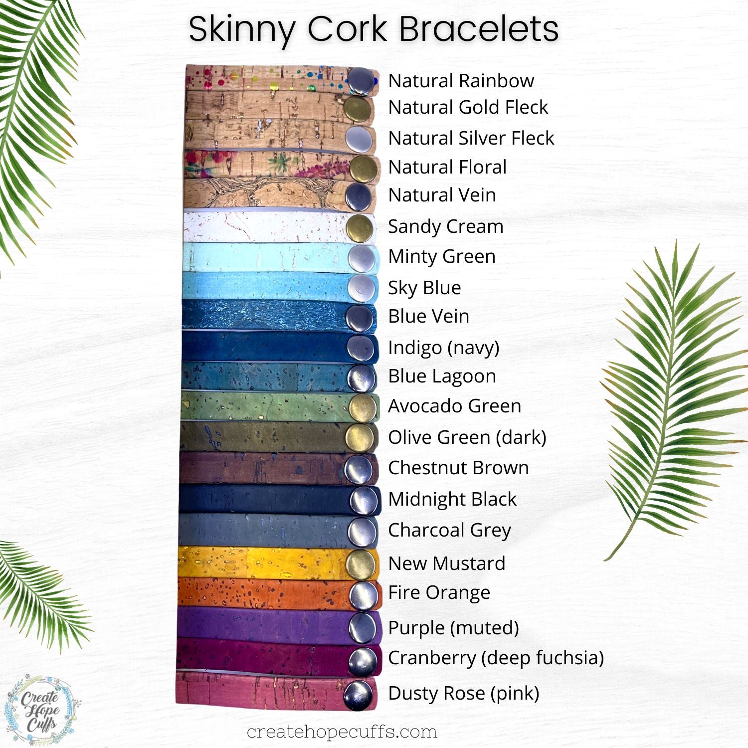 (Wholesale) CORK Skinny Bracelets | Vegan | ECO friendly | 18+ colors | TAP TITLE FOR OPTIONS LIST! Skinny Bracelets Create Hope Cuffs 