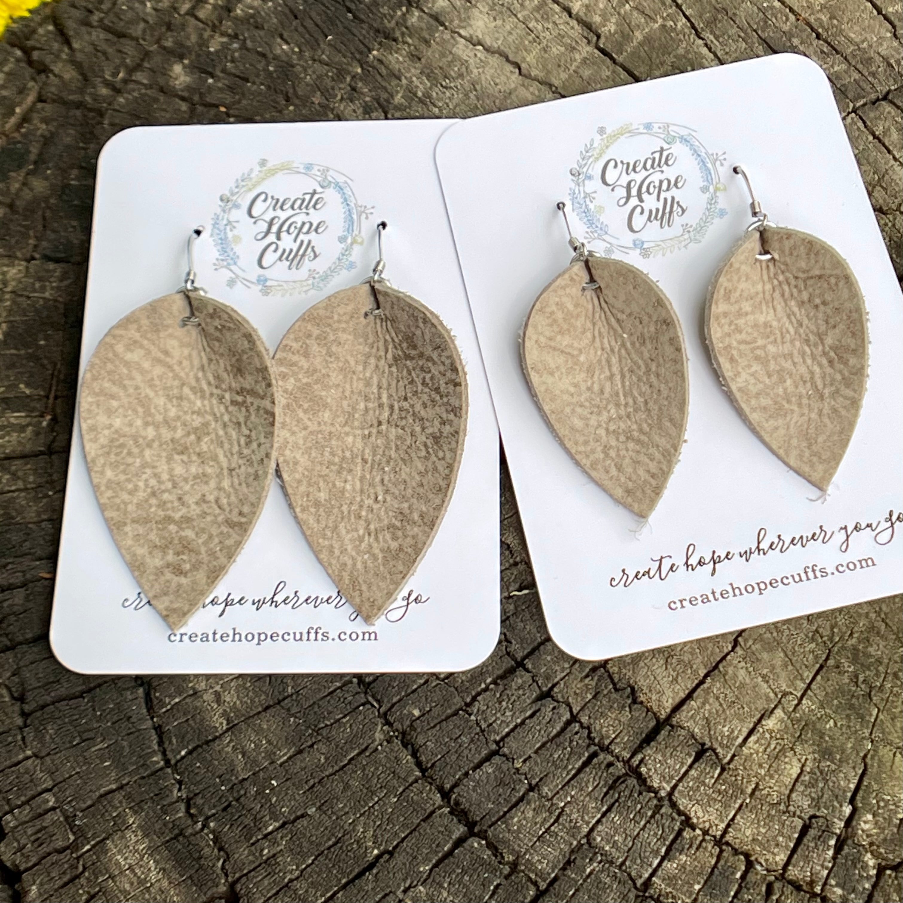 (Wholesale) Distressed Taupe Leather Earrings, 2 Sizes Essential Oil Diffusers Leather Earrings Create Hope Cuffs 