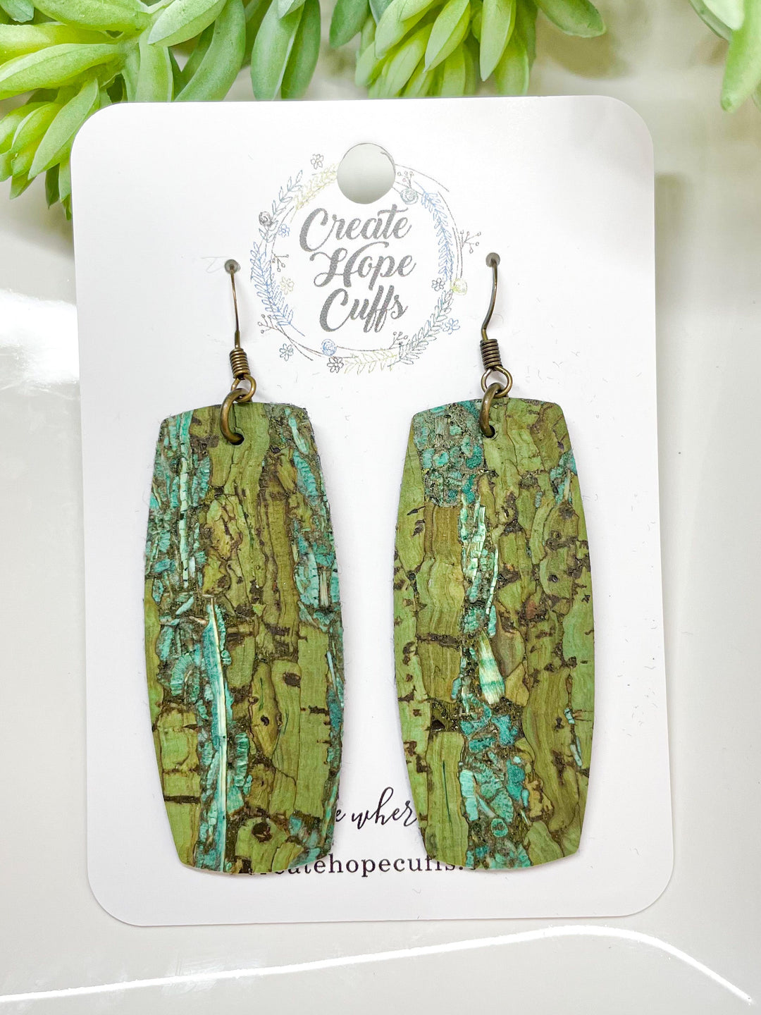 (Wholesale) Fennel Green Bar Cork Earrings | Stacked | Hypoallergenic | Women Create Hope Cuffs Long Bar 