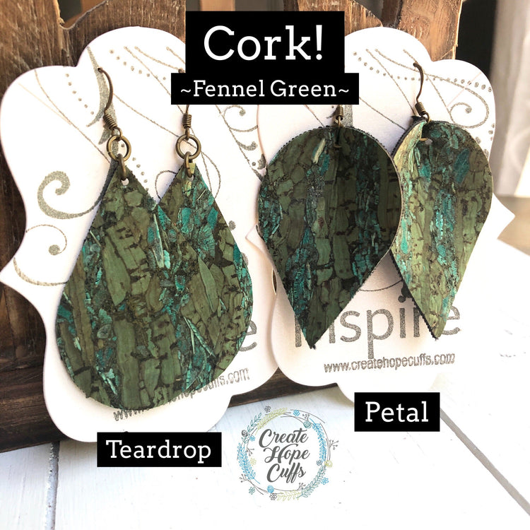 (Wholesale) Fennel Green CORK Earrings | 3 Style Options | Vegan Eco-Friendly Cork Earrings Create Hope Cuffs 