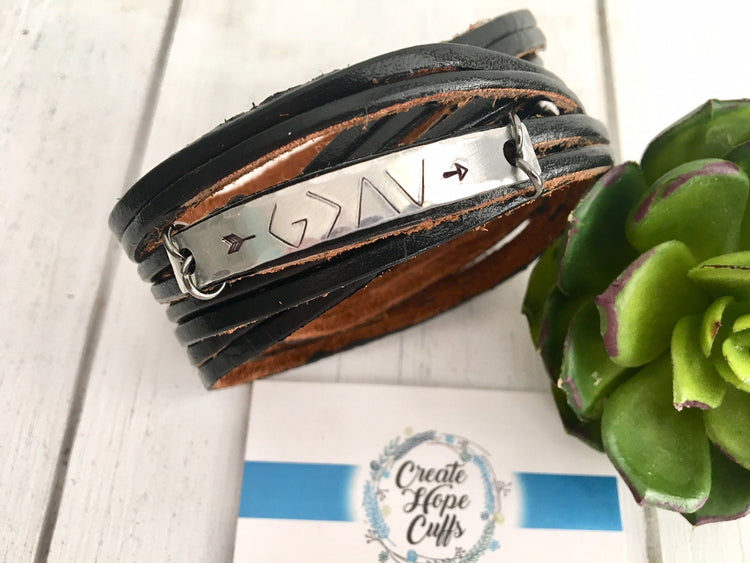 (Wholesale) GOD IS GREATER Symbols Leather Double Wrap, Silver Bar Bracelet | 12 colors Leather Wrap Create Hope Cuffs 