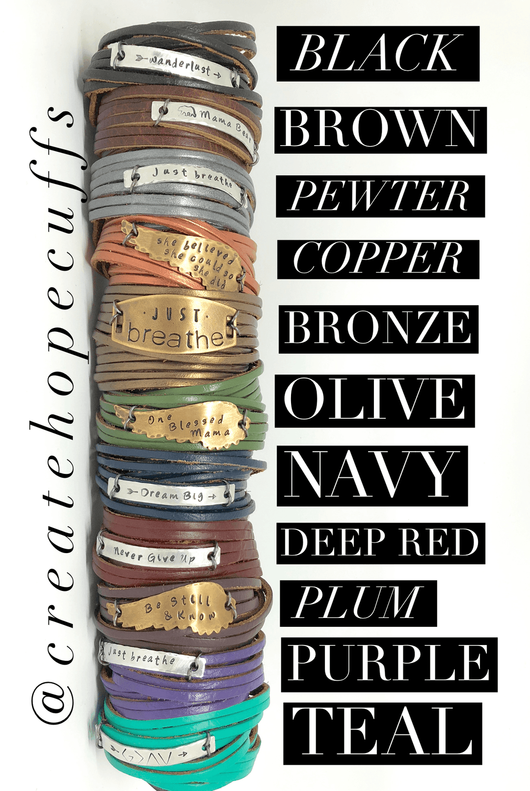 (Wholesale) GOD is WITHIN HER Leather Wrap & Bronze Bracelet | 12 colors | Women, adjustable Leather Wrap Create Hope Cuffs 