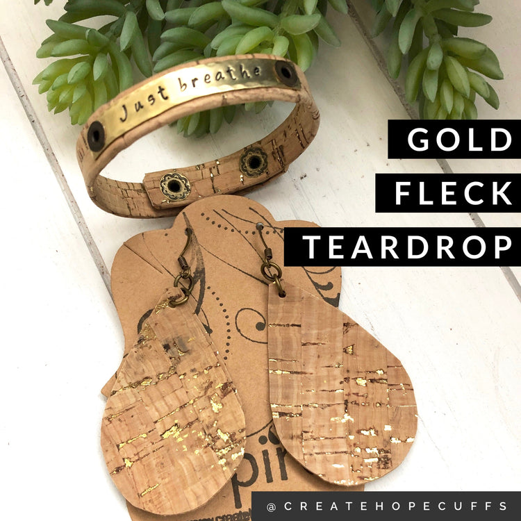 (Wholesale) Gold Fleck CORK Earrings | 2.75" drop | Vegan, Eco-Friendly | 2 Style Options Cork Earrings Create Hope Cuffs Gold Fleck TEARDROP 
