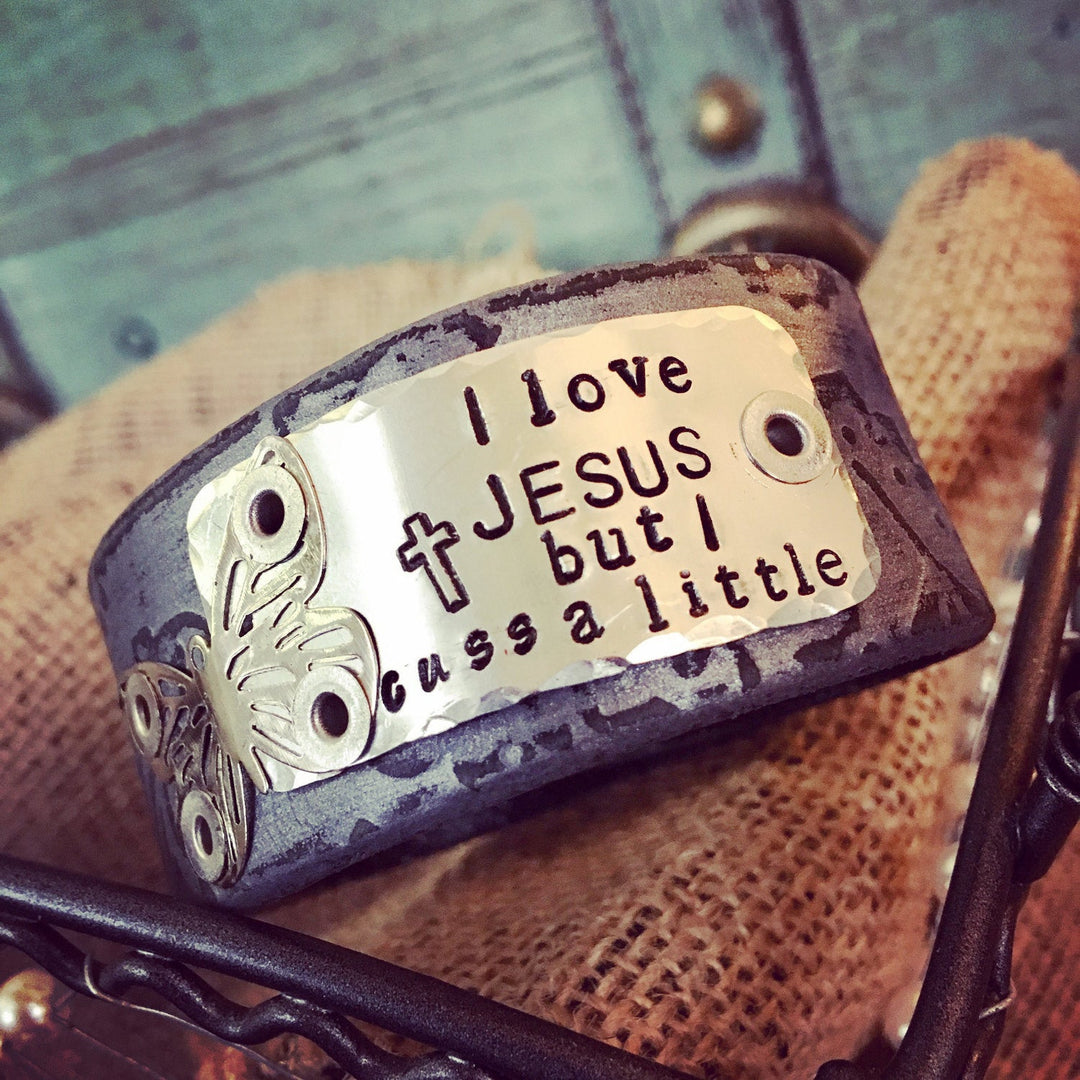 (Wholesale) I Love Jesus But I Cuss A Little Pewter Paisley Leather Cuff bracelet, adjustable Leather Cuff Create Hope Cuffs 