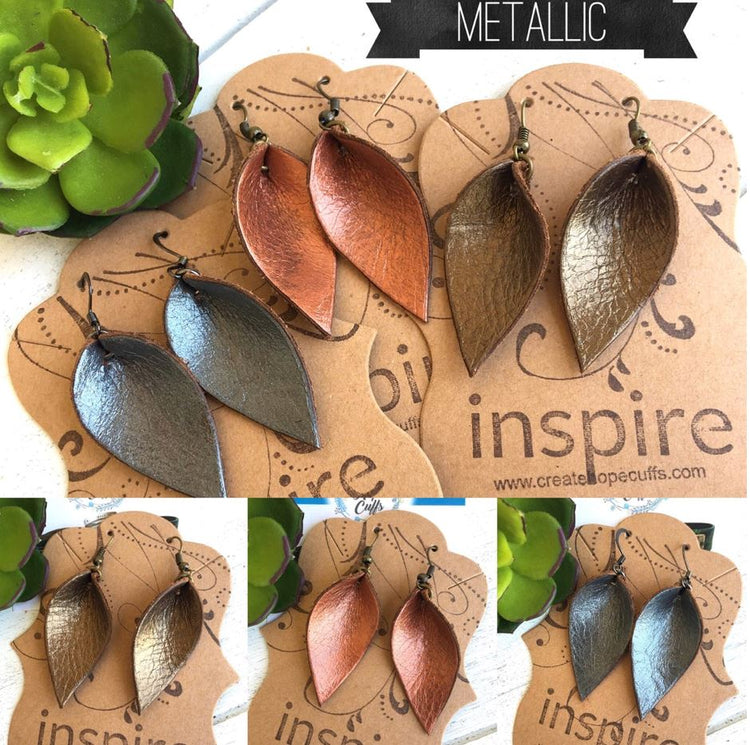 (Wholesale) Metallic Leather Petal Earrings | 3 Colors | Petite 2" drop | Oil Diffusers Leather Earrings Create Hope Cuffs 