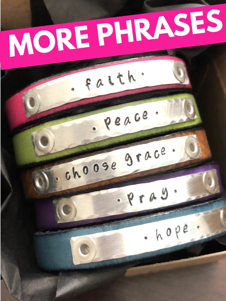 (Wholesale) MORE PHRASES Skinny Empowerment Leather | Womens Teens Bracelet | 12 Colors | adjustable for Women or Teens Skinny Bracelets Create Hope Cuffs 