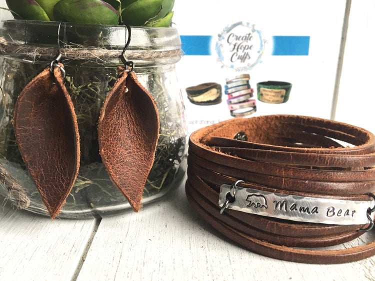 (Wholesale) Natural Brown Leather Boho Petal Earrings | 2 Sizes | Choose your Charm | Oil Diffusers Leather Earrings Create Hope Cuffs 