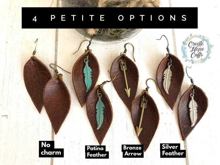 (Wholesale) Natural Brown Leather Boho Petal Earrings | 2 Sizes | Choose your Charm | Oil Diffusers Leather Earrings Create Hope Cuffs 