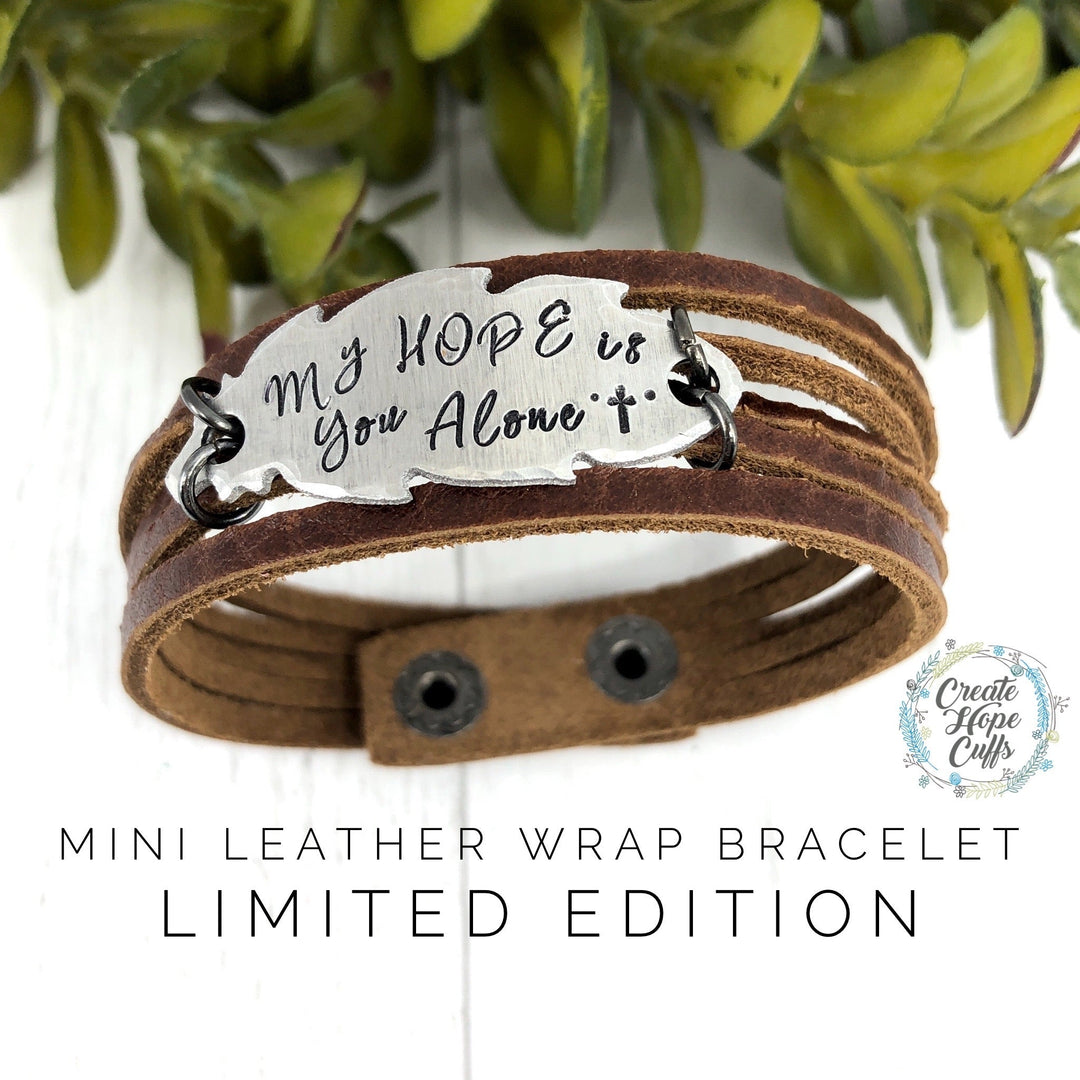 (Wholesale) Natural Brown MY HOPE Feather Mini Leather Wrap Bracelet | Women Teens | Adjustable Leather Wrap Create Hope Cuffs 