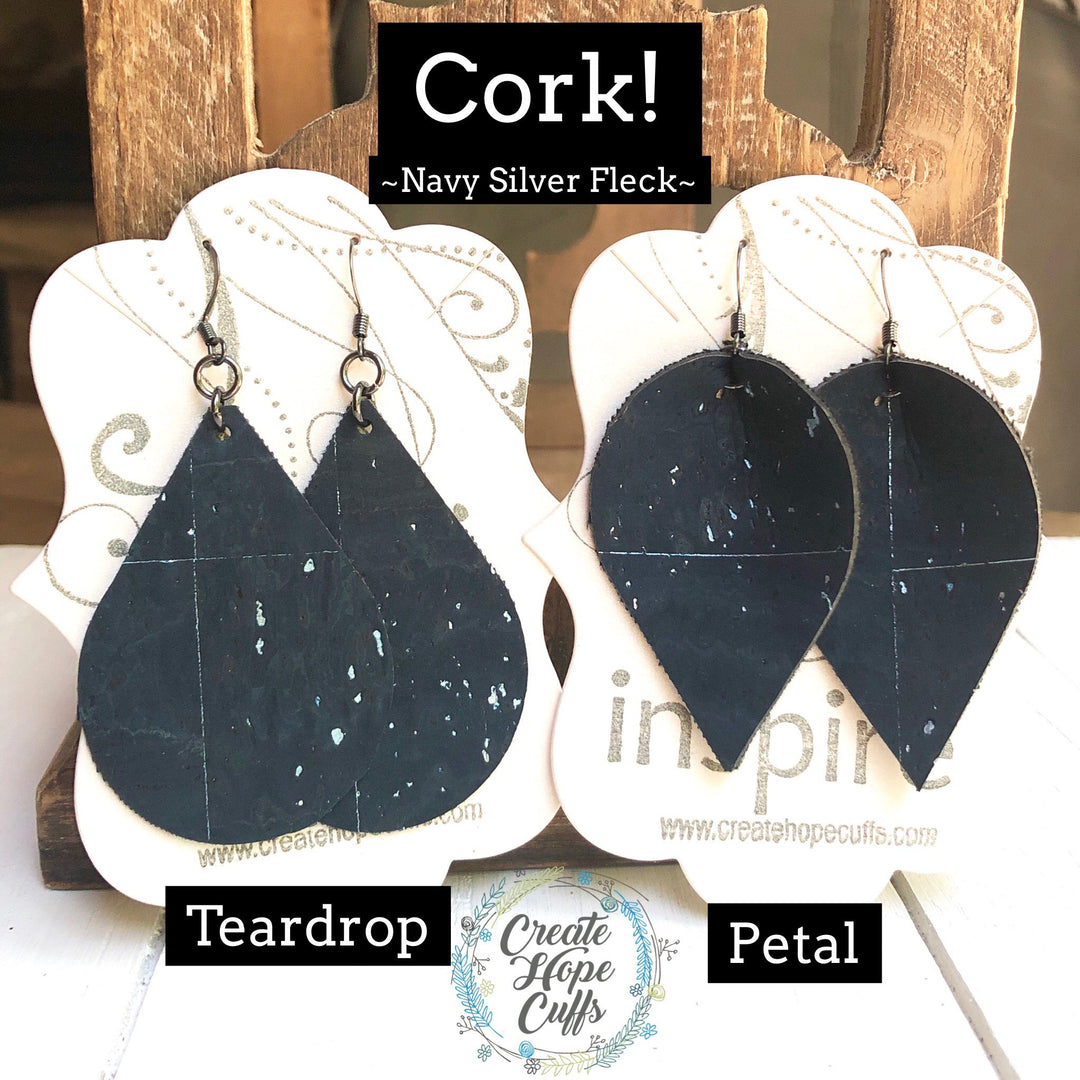 (Wholesale) Navy Fleck CORK Earrings | 2.75" Drop | Vegan Eco-Friendly | 2 Style Options Cork Earrings Create Hope Cuffs 