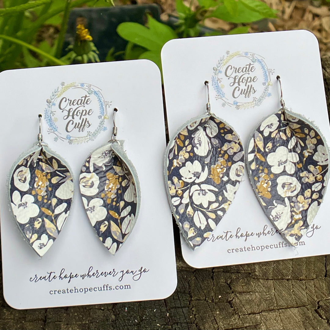 (Wholesale) Navy Floral Leather Earrings, 2 Sizes Essential Oil Diffusers Leather Earrings Create Hope Cuffs 