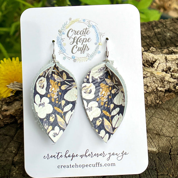 (Wholesale) Navy Floral Leather Earrings, 2 Sizes Essential Oil Diffusers Leather Earrings Create Hope Cuffs Petite 